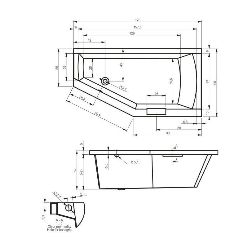 x Corner Soaking Acrylic Bathtub