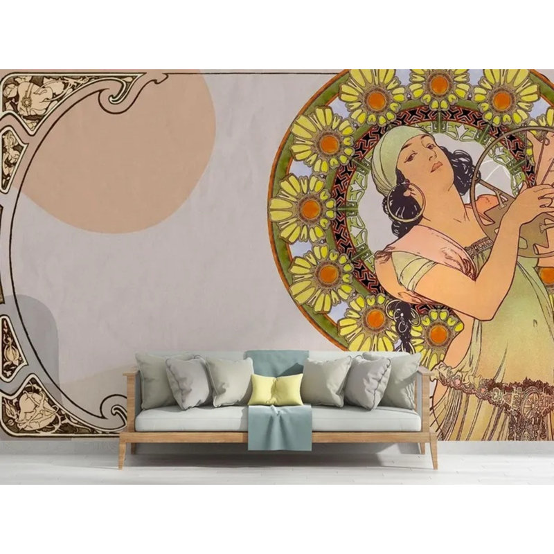 Adhésif mural femme beige Art Nouveau, L 114 po x l 204 po