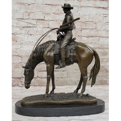 Western Cowboy On Horseback W/ Shotgun Bronze Sculpture Statue 16 Inches X 14 Inches