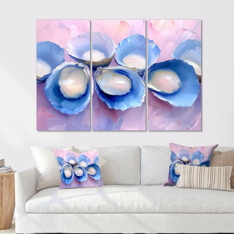 Blanc, rose, marbré, huîtres IV - ensemble de reproductions d'art de coquillages, Métal métal, H 28 po x l 36 po x P 1 po