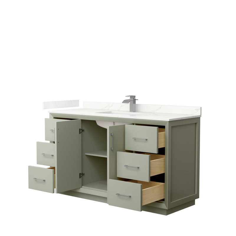 Meuble-lavabo simple 60 po avec plateau Strada, Quartz Giotto, Vert clair, Bronze satiné