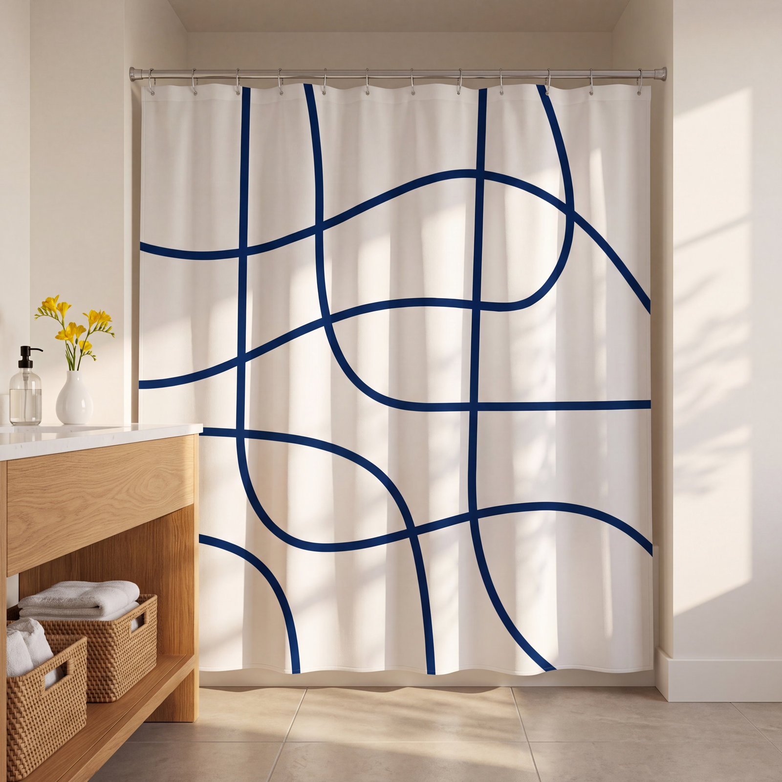Coco Polyester Shower Curtain, Navy Blue