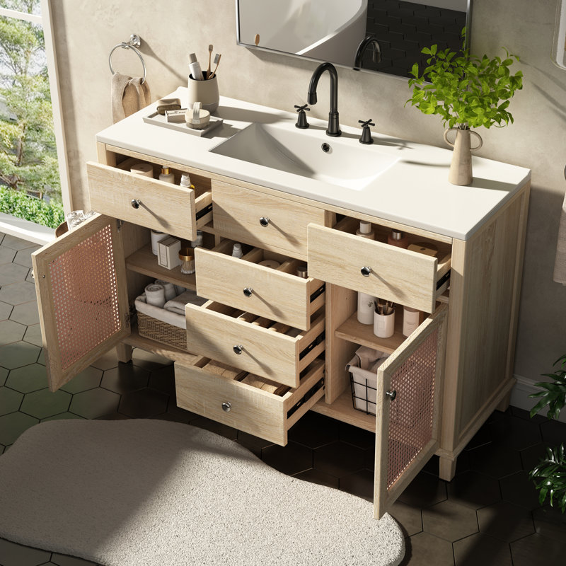 Caspian Modern Coastal Solid Wood Rattan Bathroom Vanity with 5 Drawers & Ceramic Sink