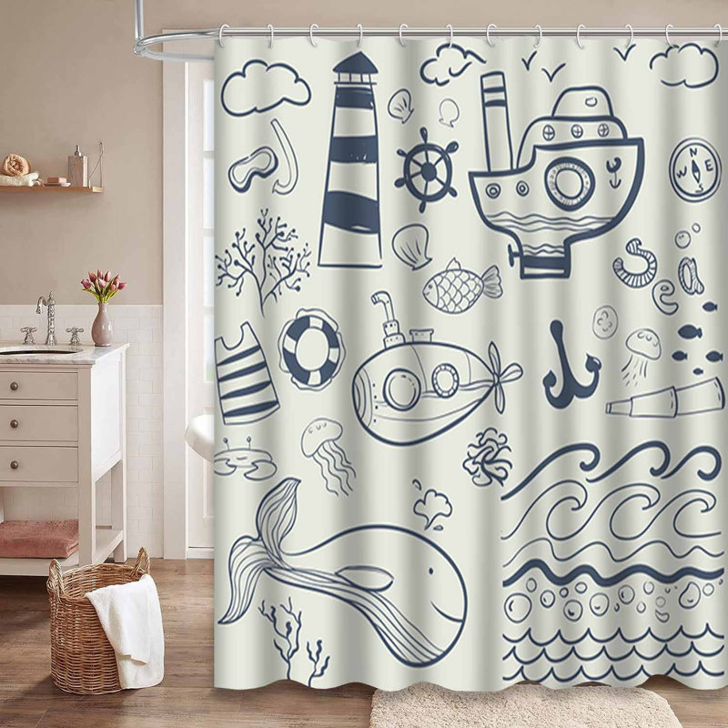Rideau de douche imperméable mignonne avec 12 crochets, L 72 po x l 78 po