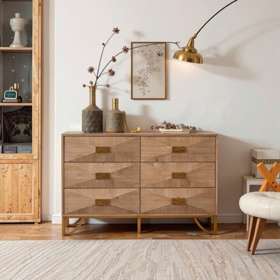 47.24" Light Wood Geometric 6-Drawer Dresser with Gold Metal Legs - Modern Storage for Bedroom & Living Room