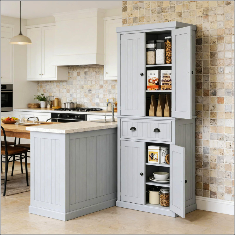 Grande armoire de rangement autoportante avec tablettes réglables et portes magnétiques, parfaite pour la cuisine, le vestibule et l'organisation à la maison