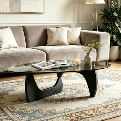 Table basse triangulaire en verre de 91 cm (35,8 po), base en bois entrecroisée et plateau en verre trempé, table d'appoint moderne du milieu du siècle pour le salon