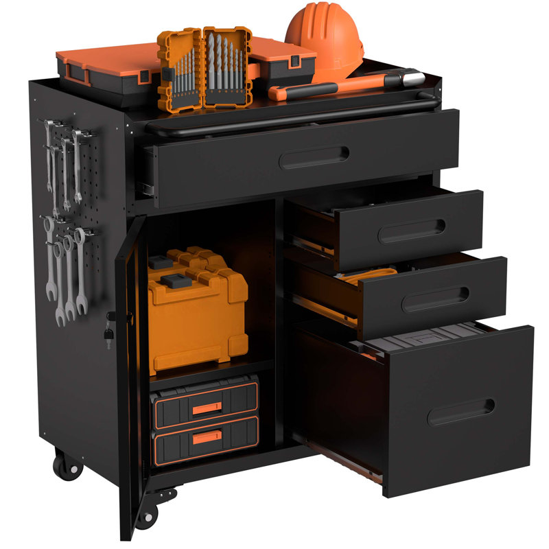 Mobile Tool Storage Cabinet - Garage Organizer with Lockable Compartment & 4 Drawers