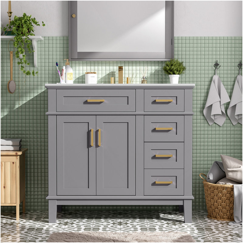 36" Gray Modern Bathroom Vanity With Ceramic Sink, Soft Close Doors, 4 Drawers For Storage, Elegant Design For Small Bathrooms