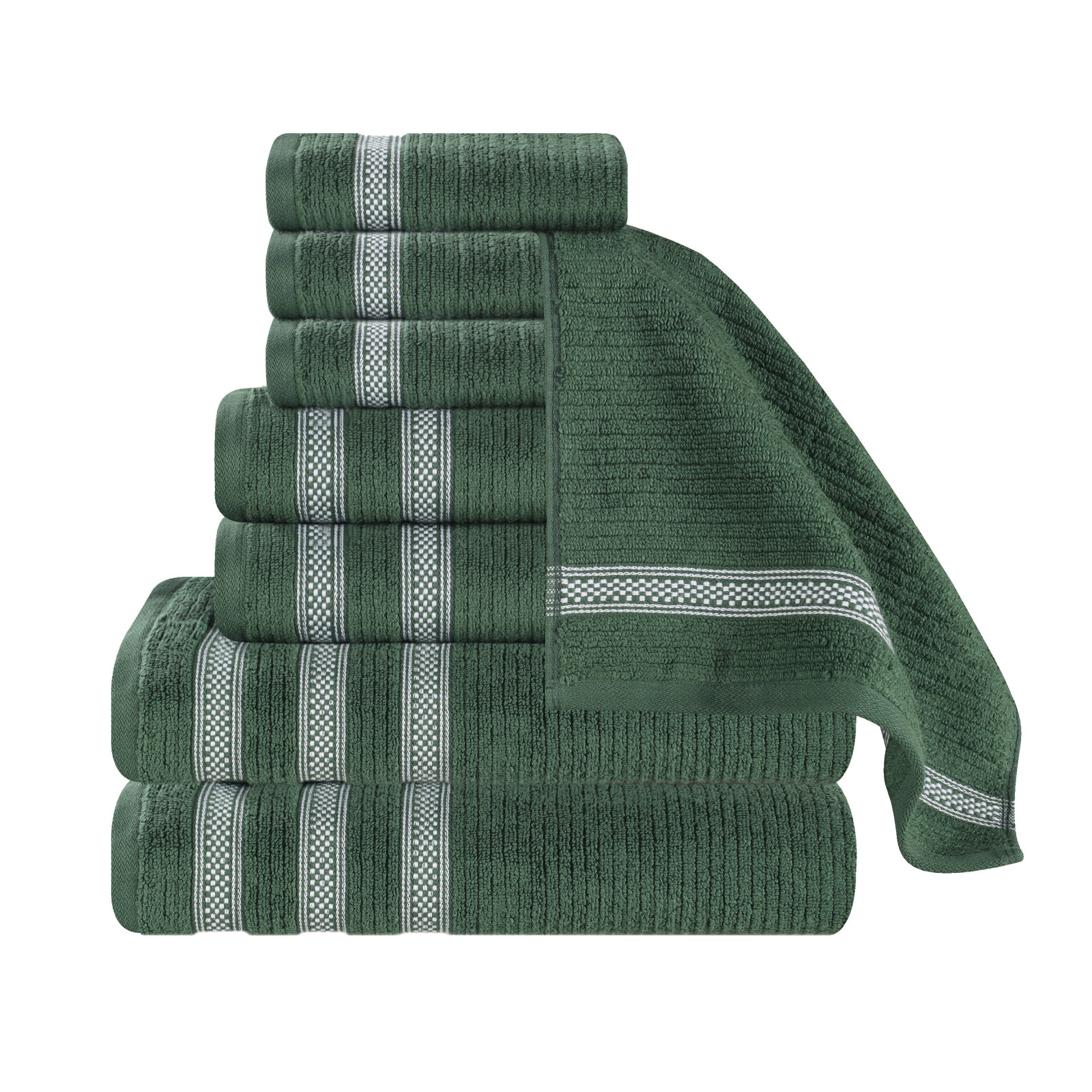Orley Zero Twist Cotton Ribbed Modern Geometric Border Soft Highly-Absorbent Assorted Bathroom Towel Set, Forest Green