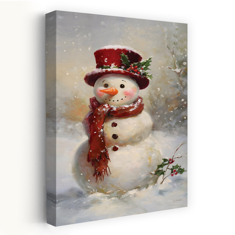 Snow Mandy - bonhomme de neige contemporain, chapeau rouge, feuilles de houx, art, H 40 po x l 60 po