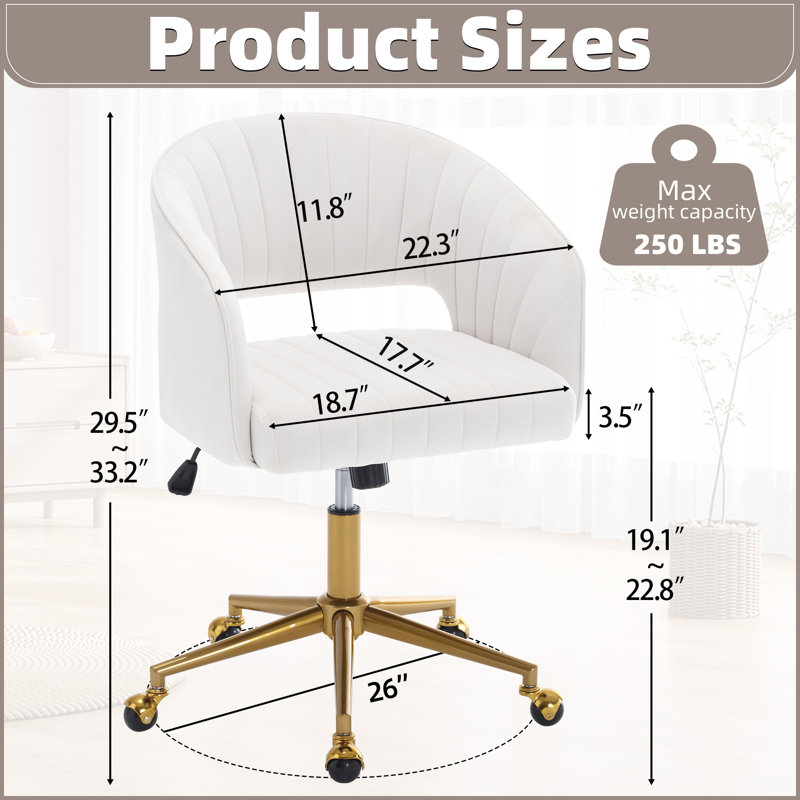 Velvet Desk Chair with Wheels, Home Office Swivel Armchair with Gold Base, Back Incline Adjustable for Vanity Make-up