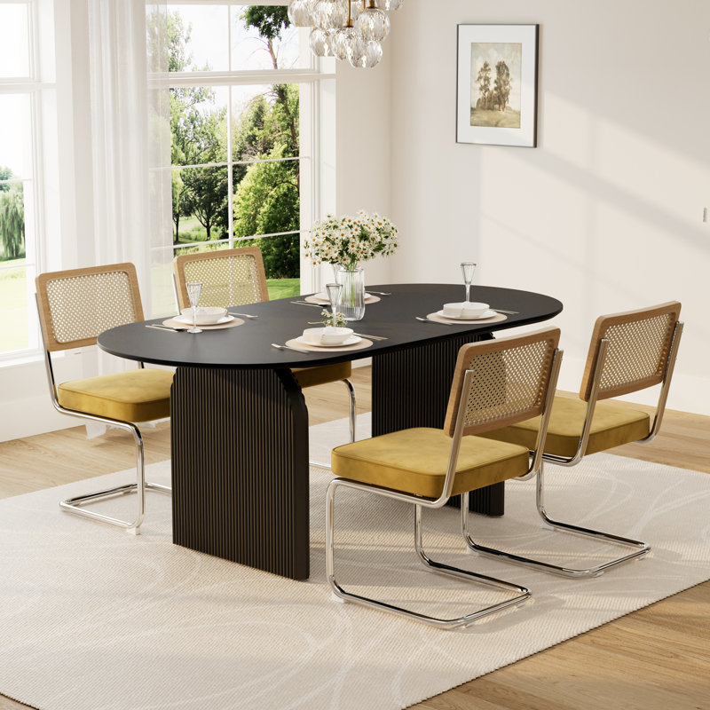 Ensemble de salle à manger élégant à double piédestal avec chaises en velours, Noir / Jaune, 5 pièces: table, 4 chaises