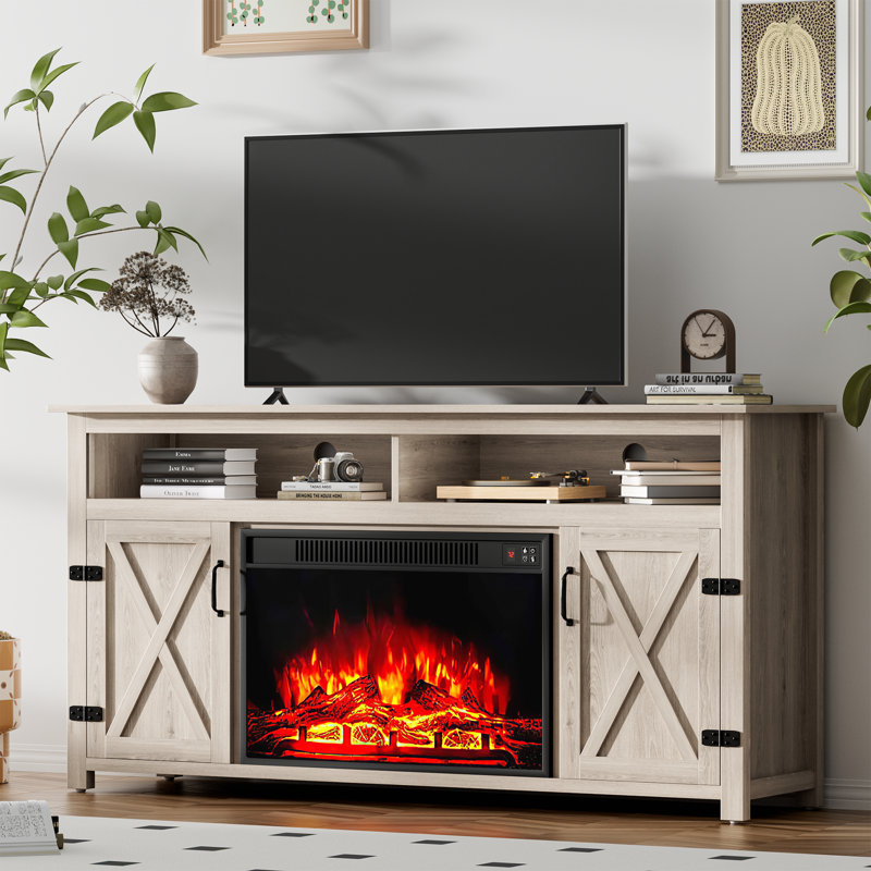 Bateman TV Stand for TVs up to 85" with Fireplace Included, White Oak