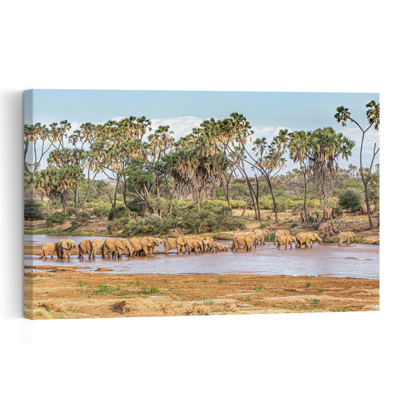 African Elephants Watering Peaceful Serene Abstract Palm Tree Elephant Landscape Nature Wall Art Print by Jeffrey C. Sink - 1 Piece Wrapped Canvas Wall Art