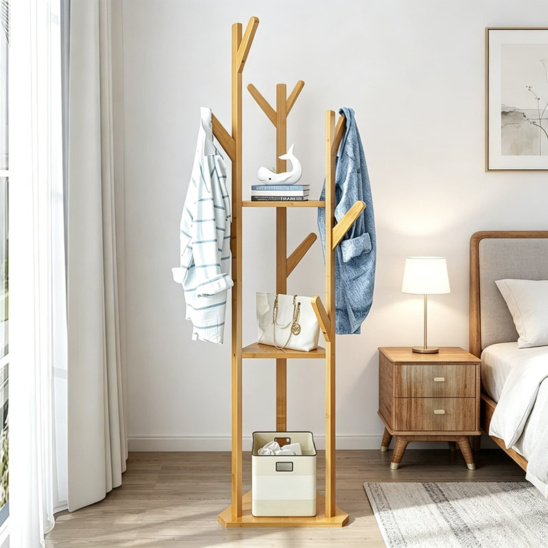 Bamboo Freestanding Coat Rack With 9 Hooks And 3 Storage Shelves, Easy Assembly Rotary Tree Stand For Entryway