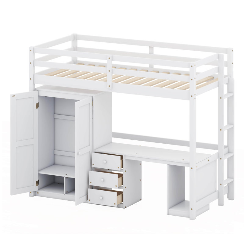  Lit mezzanine Jhoshua avec garde-robe, bureau et tiroirs de rangement, Lit simple, Blanc