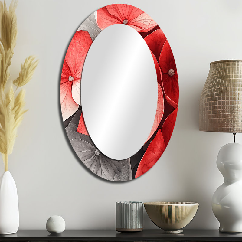 Miroir mural traditionnel ovale à motif d'hortensias rouges II, 36 po x 24 po