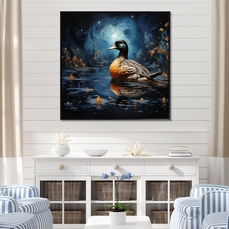 «Blue Duck Midnight Ponder III», art mural animal canard, Cadre flottant noir, H 36 po x l 36 po x P 1,5 po