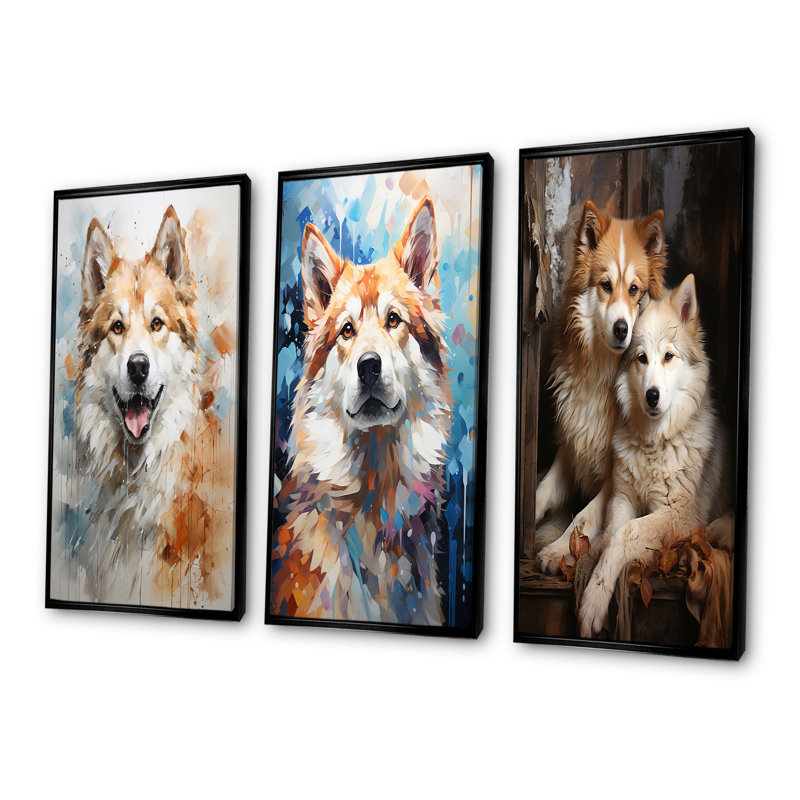 Chien Akita Affection - ensemble de 4 reproductions d'art mural, H 28 po x l 36 po, Cadre flottant noir