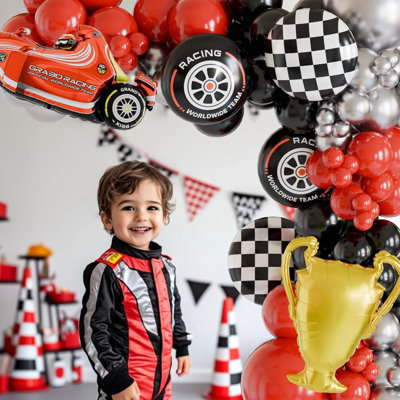 Race Car Balloon Arch Kit Tow Fast Decor Red Black Silver Balloons Car Trophy Checkered Flag Tire Foil Balloons Boy Birthday Racing Party Supplies