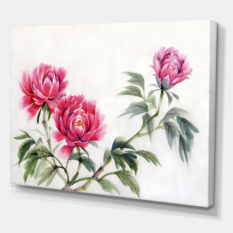 Trois pivoines rétro - reproduction sur toile, H 16 po x l 32 po x p 1 po, Toile tendue