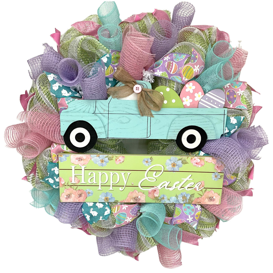 Happy Truck with Pastel Eggs 24" Deco Mesh Wreath The Holiday Aisle®