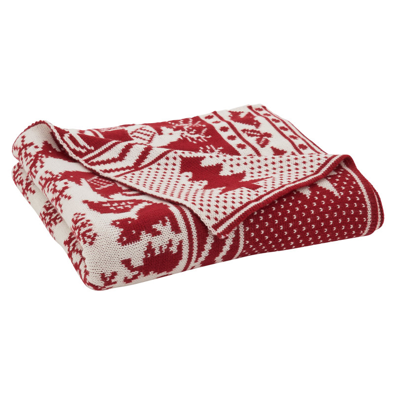Red and White Reindeer Christmas Tree Knit Throw Blanket