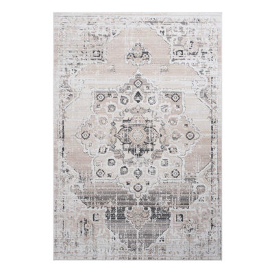 Tapis 5 x 7 en médaillon crème / beige, teinté, ne perd pas ses poils, rehausse le salon, la chambre à coucher, la salle à manger, le bureau personnel avec motif en médaillon, teinté, divers espaces