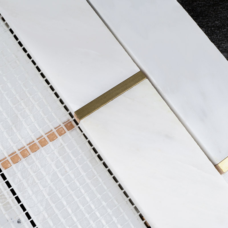 Natural Bianco 2" x 6" Marble Brick Joint Mosaic Wall Tile, Gold/White