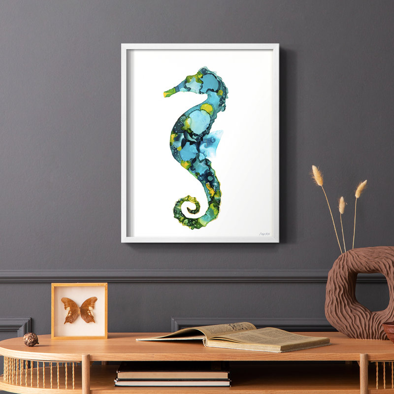 Hippocampe, reproduction encadrée - bois massif, Blanc, H 10 po x l 8 po
