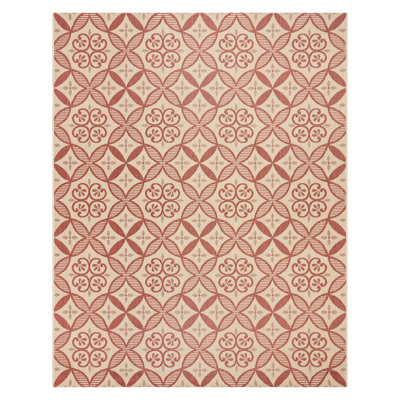 Paseo Gurseerit All-Weather Flatweave Indoor/Outdoor Area Rug, Red Beige Medallion Checkered – Patio, Deck, Porch & Living Room - Red, 5x7
