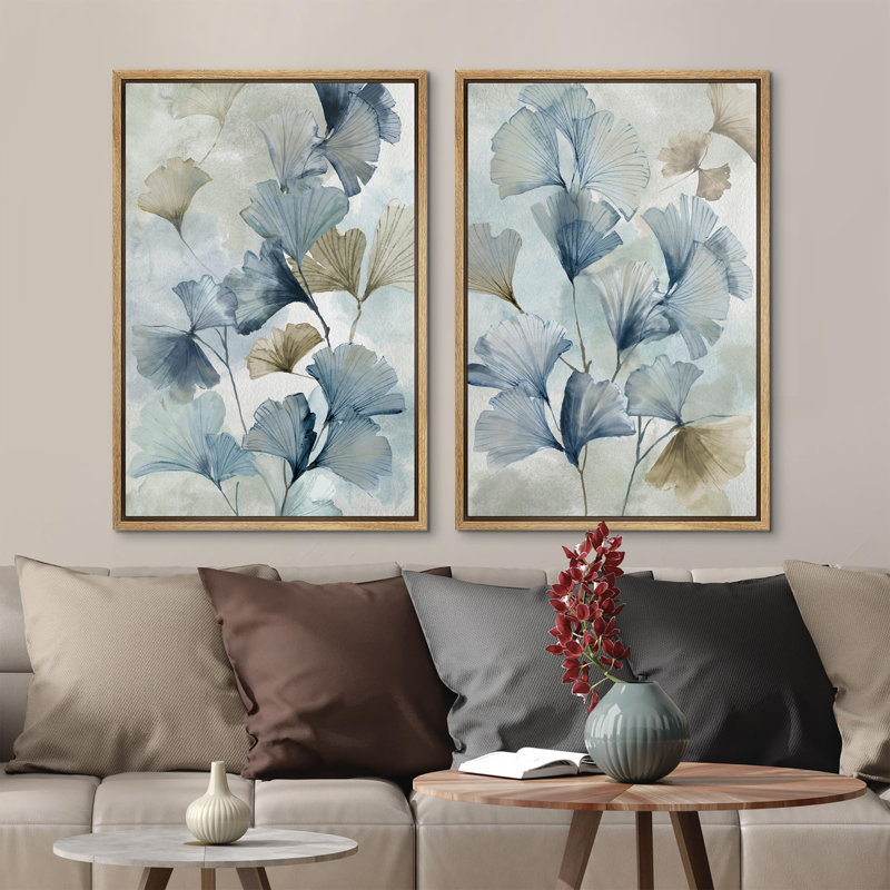 Blue Ginkgo Leaves Minimalist Abstract Botanical Modern - Framed Canvas Bedroom Wall Art Set 2 Print, Natural