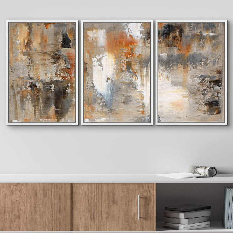 «Black, White and Orange Brushstrokes Abstract Shapes Chic Ultra on Canvas», reproduction de 3 pièces, H 36 po x l 72 po