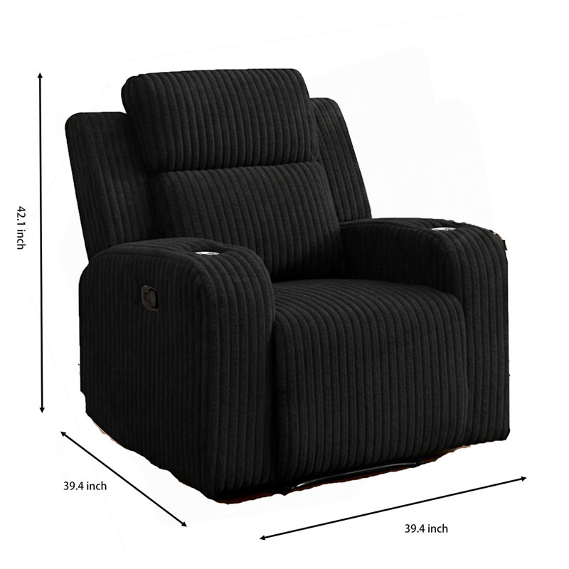 Recliner Sofa Couch 1-Seater, Manual Recliner Corduroy, Cup Holders, Reclining Couch For Living Room, Black