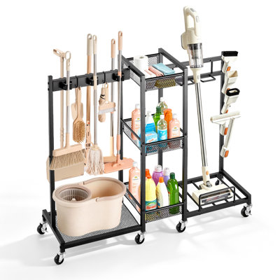 Porte-balai avec organisateur de fournitures de nettoyage, rangement de garage en métal, chariot de nettoyage avec support à vadrouille, balai à la maison, détergent, aspirateur, support utilitaire en acier robuste, avec roues, noir