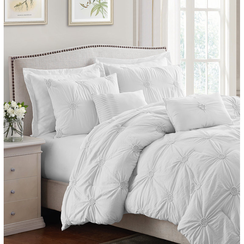Floral Pintuck 3PC Comforter Set, Soft Microfiber, Pastel Colors, Lightweight Bedding Set, Full/Queen Comforter + 2 Shams