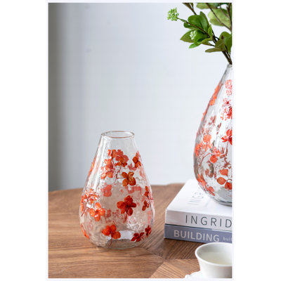 Vase en verre transparent 7,1 "avec motif floral rouge fantaisiste et imprimé floral