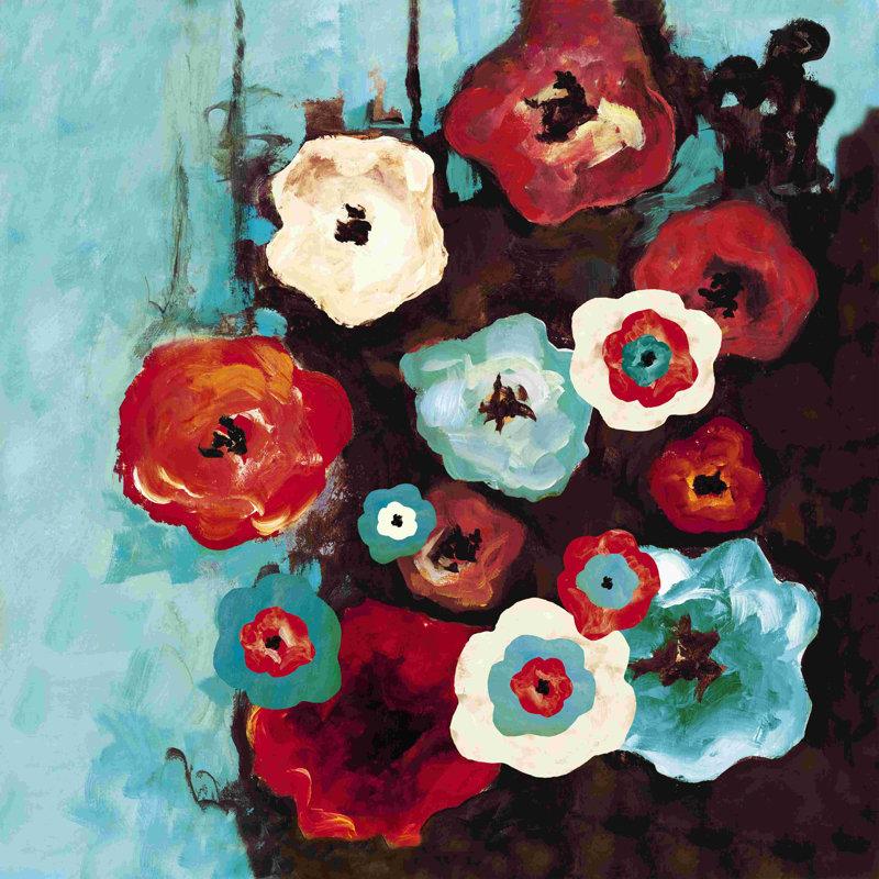 «Red and Turquoise Simple Flowers», impression sur toile tendue, H 36 po x l 36 po