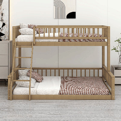 Twin XL Over Queen Wood Bunk Bed With Ladder And Full-Length Guardrails