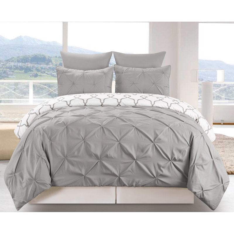 Elegant Reversible 3 Piece Pintuck Duvet Cover Set, Gray, King Duvet Cover + 2 Shams