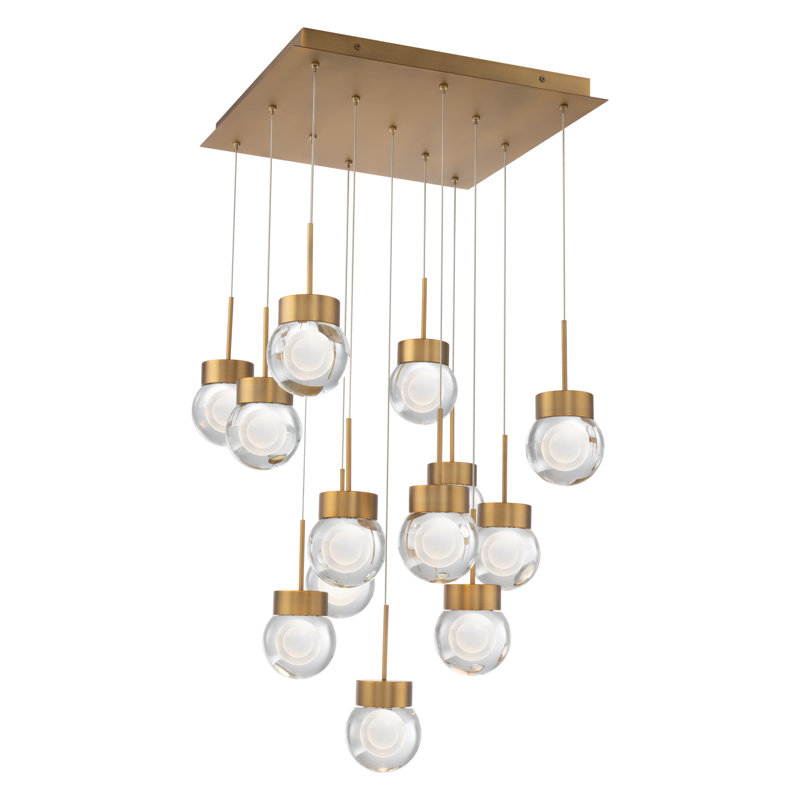 Aged Brass 13-Light LED Cluster Pendant with Crystal Glass