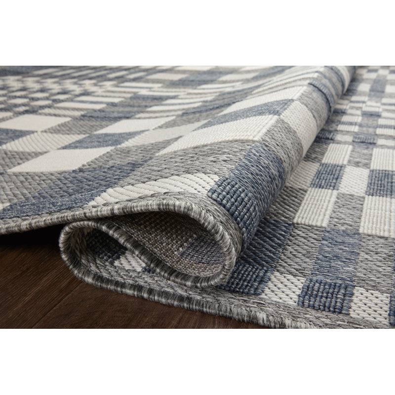 Plaid Denim/Ivory Indoor/Outdoor Area Rug, Rectangle 9'2" x 12'2"