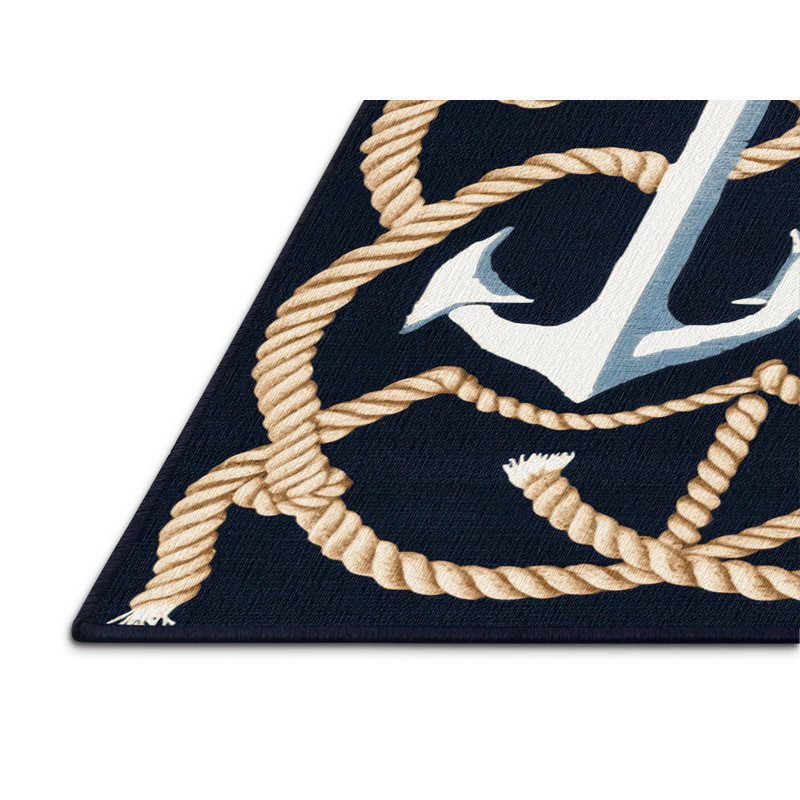 Washable Double Anchor Design Coastal Area Rug, Rectangle 8' x 10'