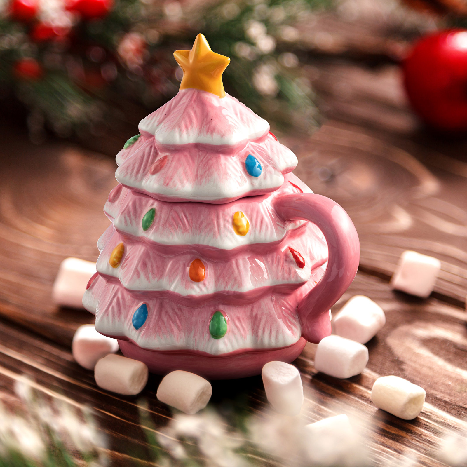 16 oz. Nostalgic Ceramic Tree Lidded Mug, Pink