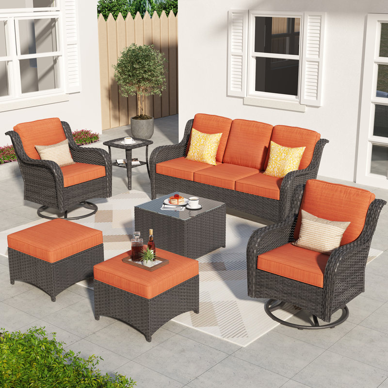 5 - Person Outdoor Conversation Set, Wicker Patio Sofa & Swivel Chair Set with Cushions, Orange Red Cushion/Brown Frame