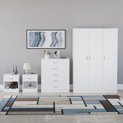 Tayce 4 Piece Bedroom Set (1 Drawer Bedside Chest X2, 5 Drawer Chest, 3 Door Wardrobe)