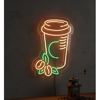  | Coffee Cup with Beans Neon Sign | Crafted with Durable Flexible Neon Tubing for Bright, Steady Illumination and Long-lasting Glow Without Fading or Flickering | 22x15 | Orange, Green, White