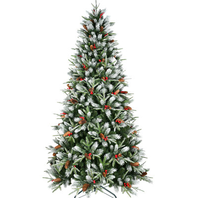 Arbre de Noël 8 pi, 2850 pointes, baies rouges, pin, Pe + recouvert de neige, branches articulées, base robuste en métal