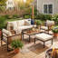 Ensemble de meubles en bois d'acacia 5 pièces, canapé pour conversation avec table basse et repose-pieds, ensemble de canapé d'extérieur 3 places pour le jardin
